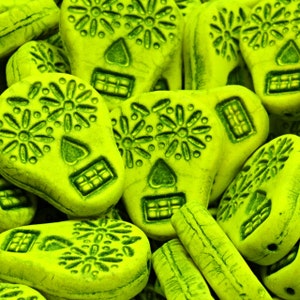 6 Pcs 20x16mm Sugar Skull Pressed Czech Glass Beads -Lime Green(CH9002103)