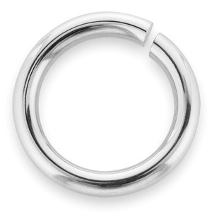May include: A silver jump ring, a metal ring with a gap, used for jewelry making.