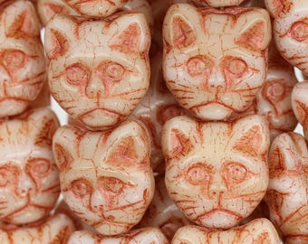 Cat Head Czech Glass Beads 13x13mm 11 Pcs - White w/ Pink (CH7405111)