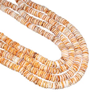 Peut inclure: Un collier multi-brins composé de nombreuses petites perles en forme de disques plats et circulaires. Les perles présentent une palette de couleurs naturelles aux tons orange, beige et blanc, créant un aspect texturé et superposé.