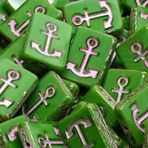 7 Pcs 15x12mm Table Cut Rectangle With Anchor Glass Czech Beads - Green(CH4007102)