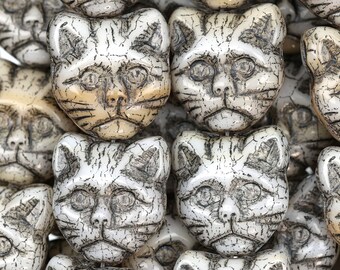 Cat Head Czech Glass Beads 13x13mm 11 Pcs - White & Cream w/ Gray (CH7405126)