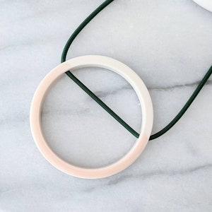 Blush pink and forest green porcelain geometric necklace ceramic necklace on comfortable elastic cord image 2