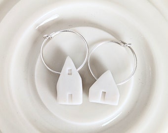 Tiny porcelain house earrings on sterling silver hoops - handmade jewellery - wedding anniversary gift for her - miniature houses