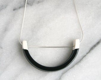Black and white porcelain semi circle necklace / 18th or 20th wedding anniversary gift