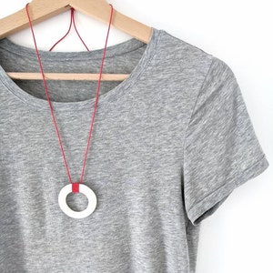 Minimalist red + white ceramic necklace / circle necklace / layering necklace / ceramic jewelry / porcelain jewellery / anniversary gift /