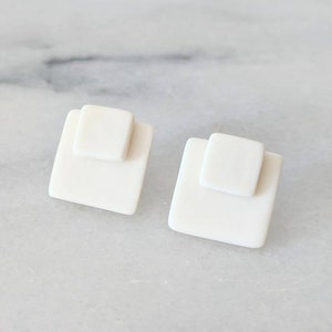 Porcelain square ear jackets / double sided earring / front and back earrings / sterling silver studs / square ear cuff / white ceramic cuff