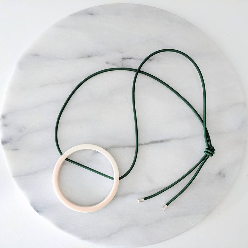 Blush pink and forest green porcelain geometric necklace ceramic necklace on comfortable elastic cord image 3