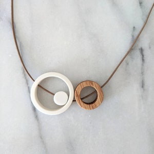 ceramic and oak circle trio necklace / geometric circle pendant / 20th, 18th, 9th, 5th wedding anniversary / handmade jewelry / gift for her