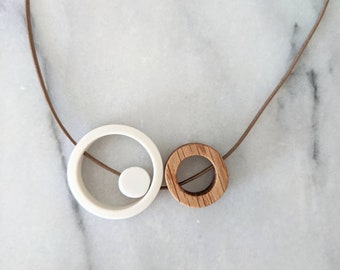 ceramic and oak circle trio necklace / geometric circle pendant / 20th, 18th, 9th, 5th wedding anniversary / handmade jewelry / gift for her