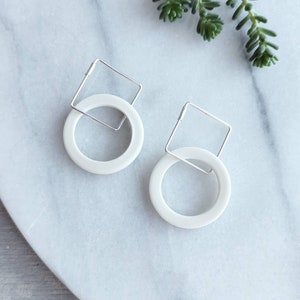 simple white hoop earrings / ceramic earrings / porcelain earrings / sterling silver earrings / square silver earrings / geometric earrings