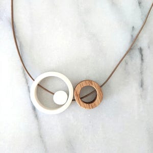 ceramic and oak circle trio necklace / geometric circle necklace / 20th, 18th, 9th, 5th wedding anniversary / handmade jewelry /gift for her