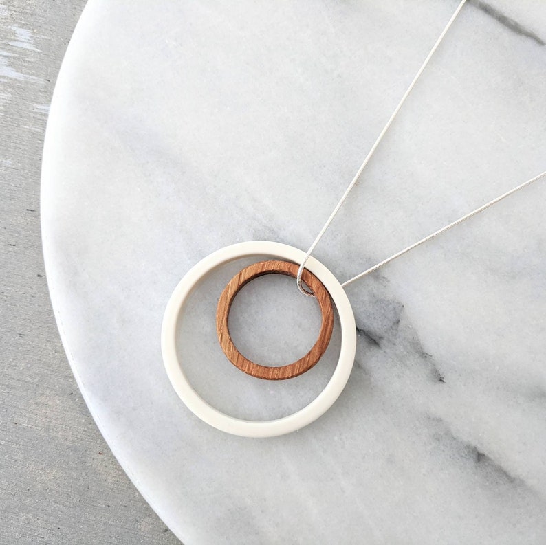 Porcelain and oak wood circle pendant necklace on sterling silver snake chain 5th, 18th, 25th wedding anniversary present gift for wife image 3