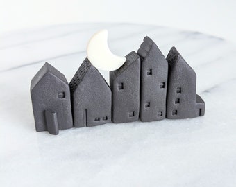 Black porcelain miniature ceramic houses with a porcelain moon - set of 5 mini houses - tiny gift