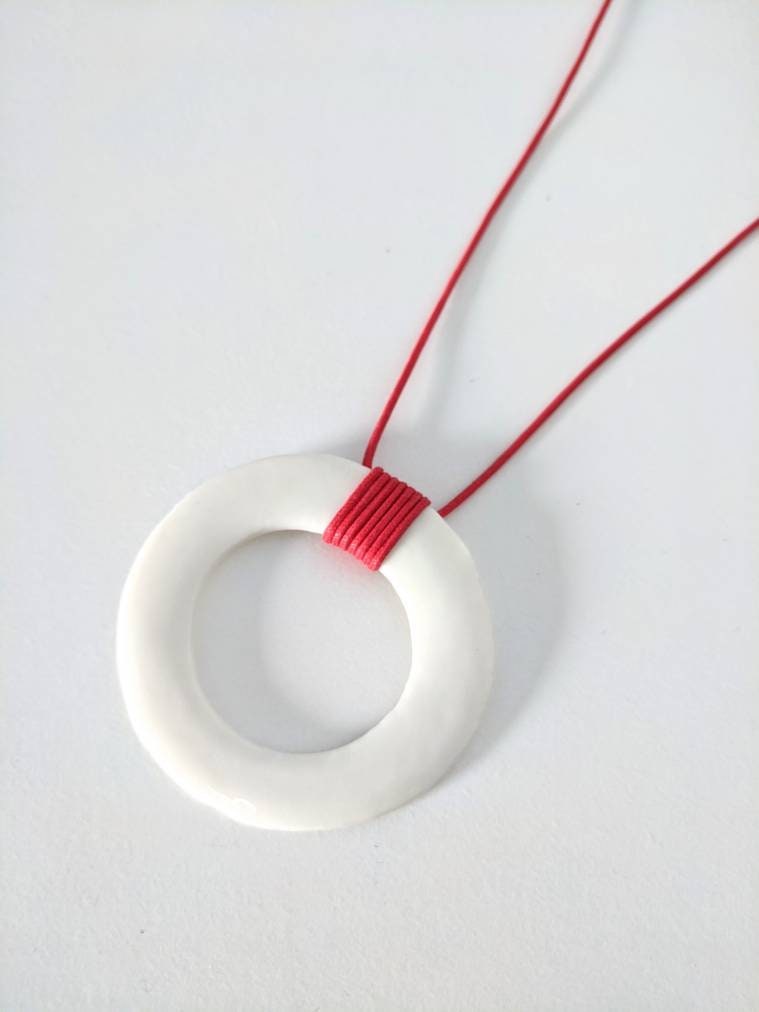 Minimalist Red White Ceramic Necklace / Circle Necklace / | Etsy