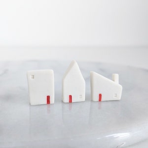 porcelain miniature ceramic houses - set of 3 mini houses with red doors - tiny gift