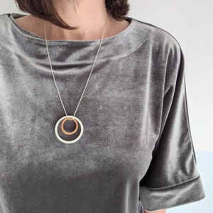 Porcelain and oak wood circle pendant necklace on sterling silver snake chain 5th, 18th, 25th wedding anniversary present gift for wife image 2