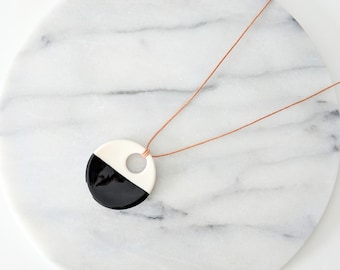 Monochrome porcelain dipped pebble pendant in black and white on cord / ceramic pendant necklace / statement necklace / gift for her