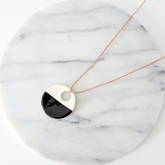 Monochrome Porcelain Dipped Pebble Pendant in Black and White - Etsy