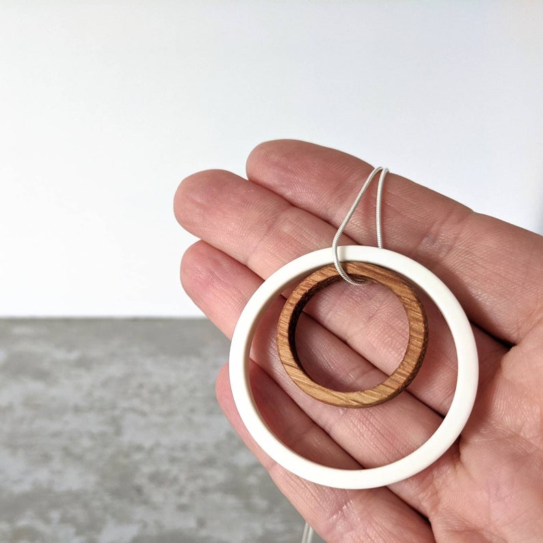 Porcelain and oak wood circle pendant necklace on sterling silver snake chain 5th, 18th, 25th wedding anniversary present gift for wife image 7