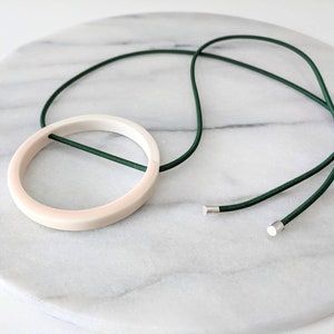 Blush pink and forest green porcelain geometric necklace ceramic necklace on comfortable elastic cord image 4