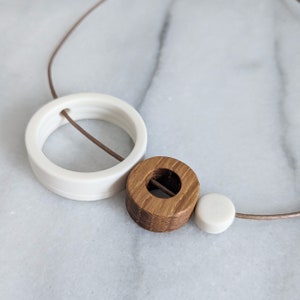 ceramic and oak circle trio necklace / geometric circle pendant / 20th, 18th, 9th, 5th wedding anniversary / handmade jewelry / gift for her