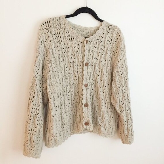 Vintage Beige Tan Crochet Cardigan Sweater
