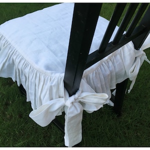 White Chair Slip Covers with Ballerina sash ties, dinning chair covers,  Handmade from 100% Linen, medium weight white linen