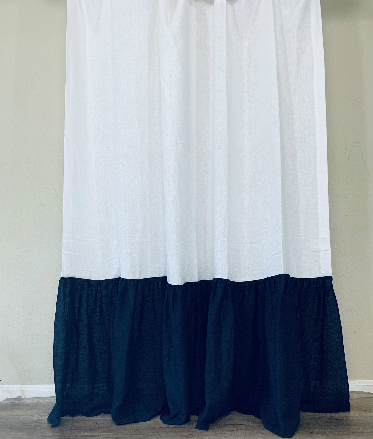 White Linen Shower Curtain With Black Border Color Block Etsy