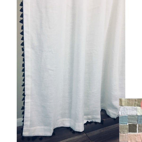 Natural Linen Shower Curtain with Tassel, Custom Shower Curtain Extra Long, Bathroom Decor, 40+ Linen fabric, Solid, Striped