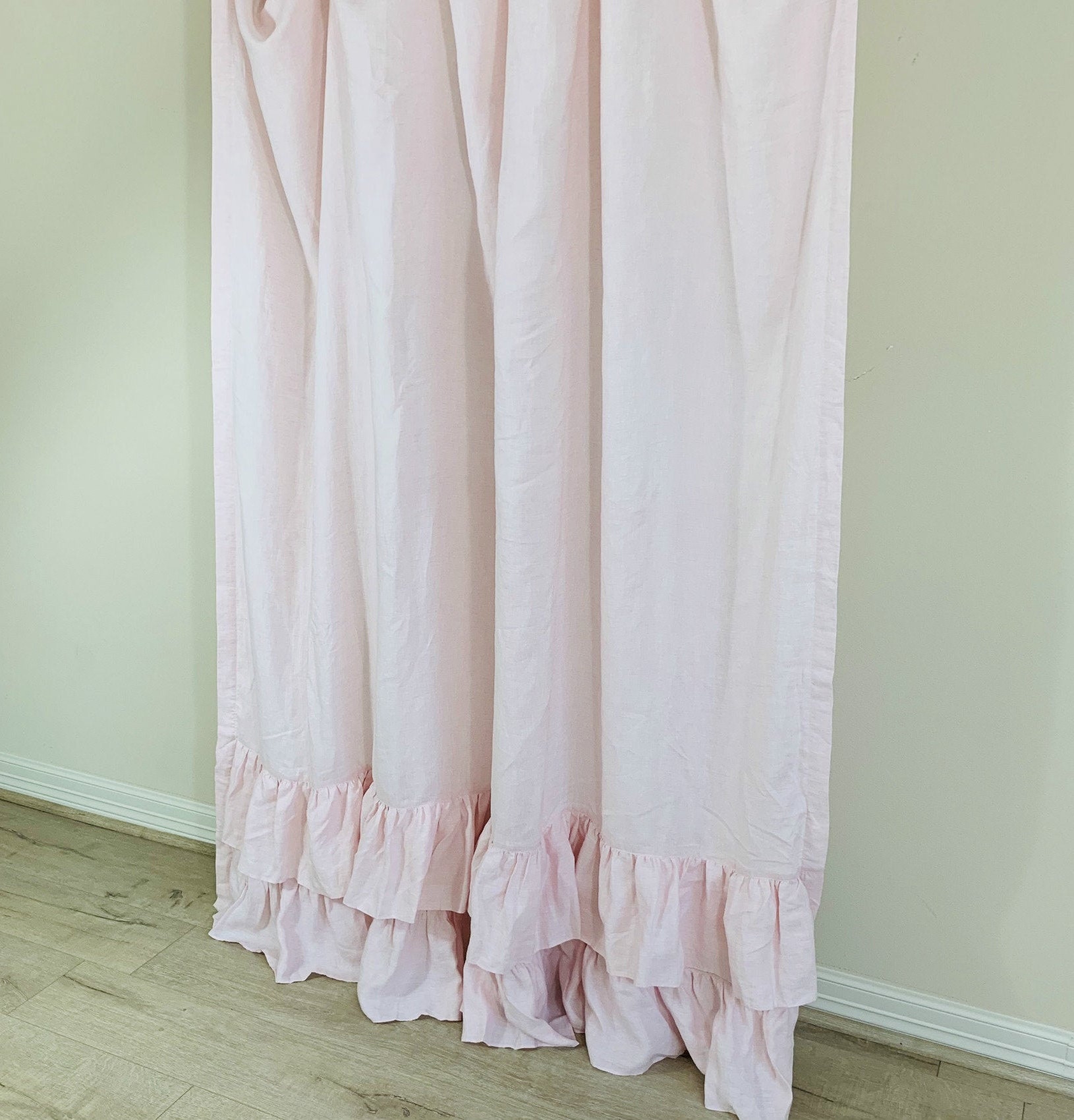Blush Pink Linen Shower Curtain With Two Tiered Ruffles Etsy