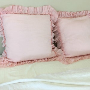 Vintage Ruffle pillow covers in Pink linen, Pink ruffle euro pillow sham covers, 16x16, 20x20, 24x24, 26x26, 28x28