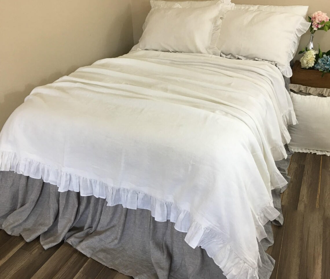 White ruffle duvet cover natural linen linen bedding ruffle Etsy