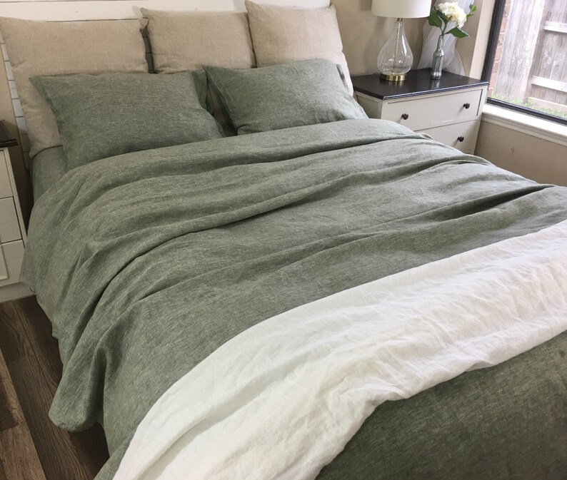 Chambray Olive Green Linen Duvet Cover Weaved Striped Image 0 1