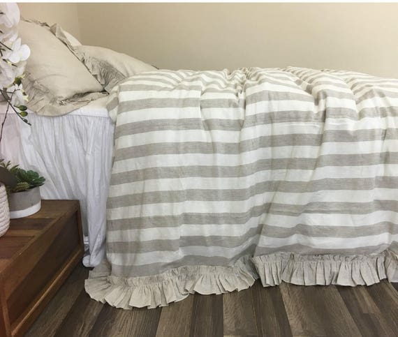 Linen Striped Duvet Cover Features Vintage Ruffles Create Etsy