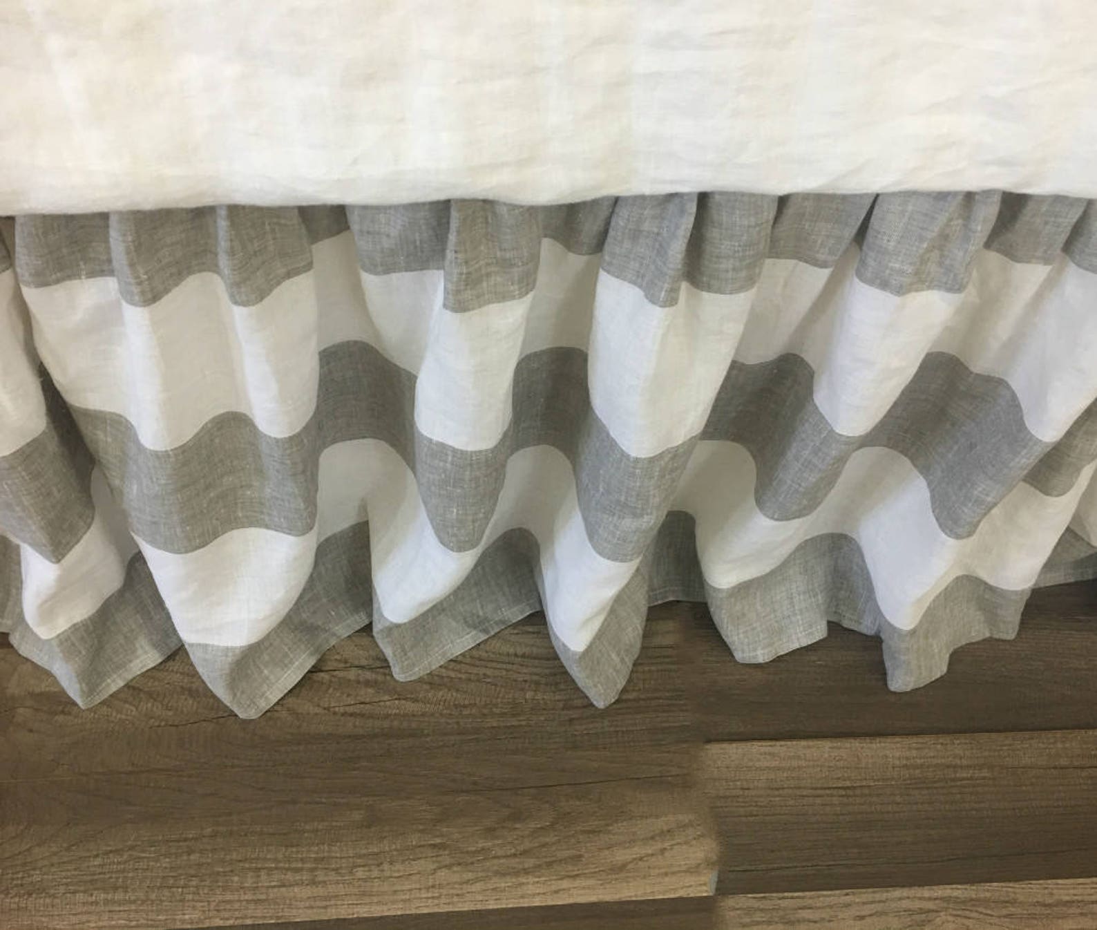 Grey and White Striped Linen Bed Skirt Gathered Ruffle Etsy