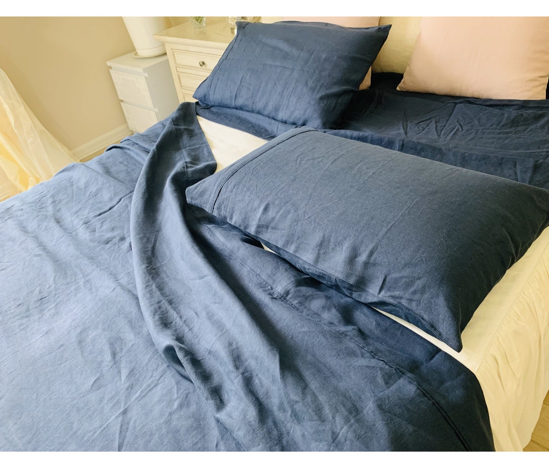 Midnight Blue Linen Bed Sheets Set Dark Navy Bedding Etsy