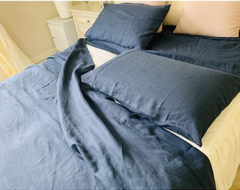 Set di lenzuola in lino blu notte, biancheria da letto blu navy scuro, disponibile nelle misure Queen, King, Twin, Full, dimensioni personalizzate.
