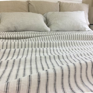 Iron and White Striped Linen bed sheets, Available in Queen, King, Twin, Full, Custom Size Welcome