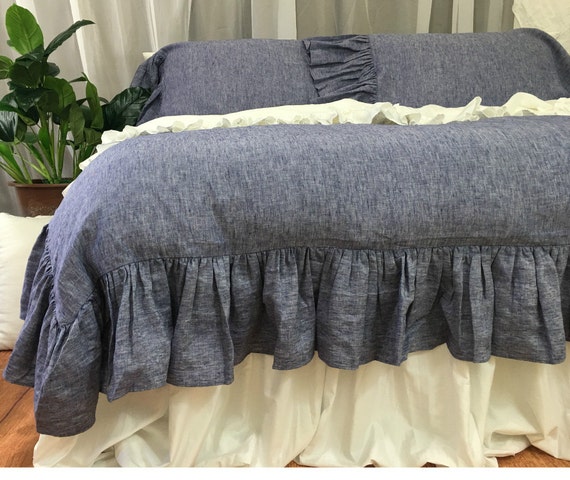 Chambray Denim Duvet Cover With Mermaid Long Ruffles Chambray Etsy