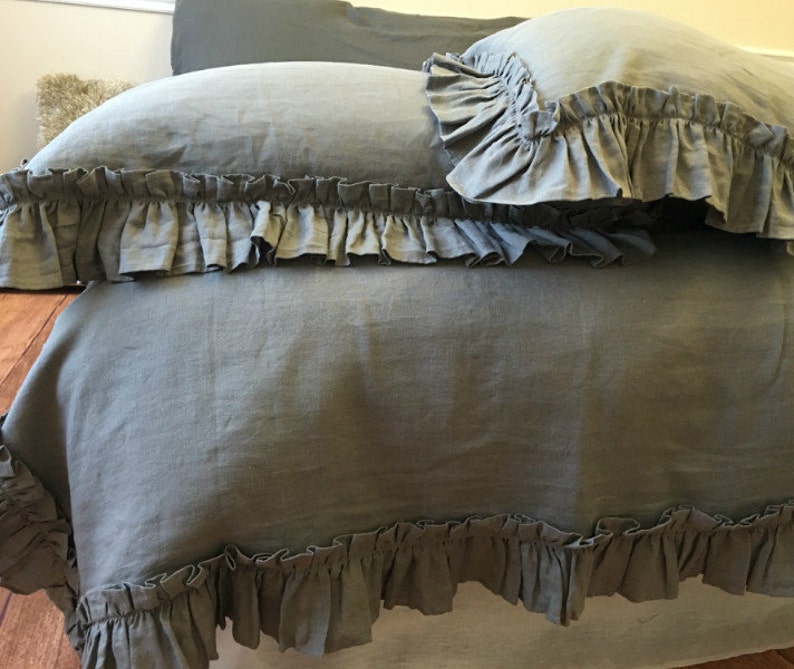 Medium Grey ruffled duvet cover handmade with vintage ruffle Etsy