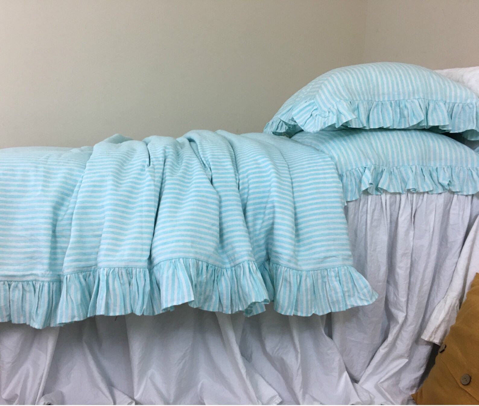 Fresh Green and White Striped Linen Duvet Cover Self Ruffled Etsy