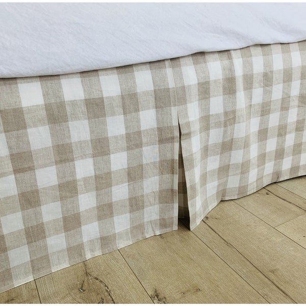 Buffalo Check Linen Bed skirt Tailored Pleats, Linen Check Pleated Bed Skirt, All Sizes, Custom Size