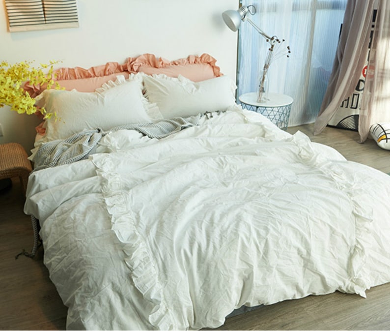 White Ruffle Duvet Cover Set Pima Cotton 300tc Sateen Weave Image 0
