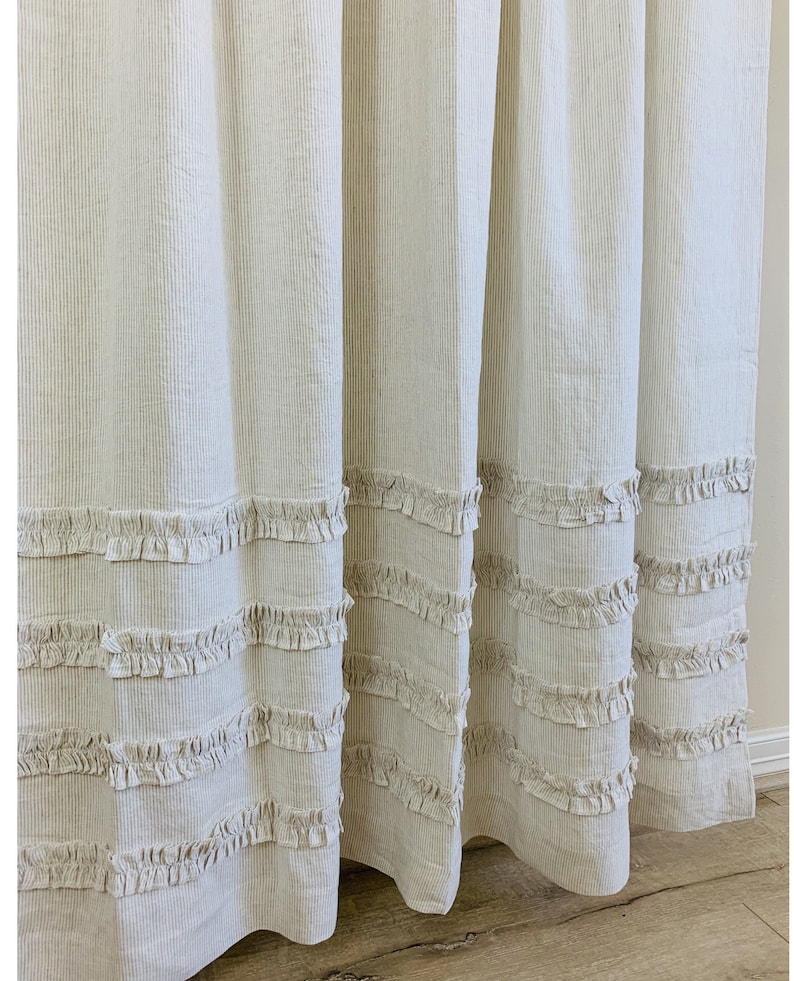 Natural Linen Ticking Striped Shower Curtain with 4 Rows of | Etsy