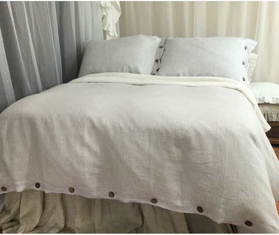 Stone Grey Ticking Striped Duvet Cover With Wood Button Etsy