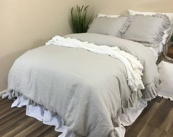 Stone Grey duvet cover features easy flow ruffles, natural linen flax ruffle bedding, shabby chic bedding, linen bedding