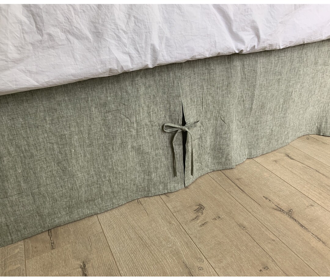 Chambray Olive Green Bed Skirt, Tailored Pleats With Ties, All Sizes