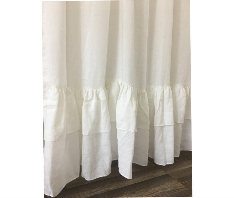Linen Shower Curtain With Double Rufflewhite Gray Blue Etsy