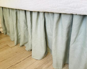 Grove Green Linen Bed Skirt with gathered ruffles, Light Green linen dust ruffles, 15-24 drop or Custom Size